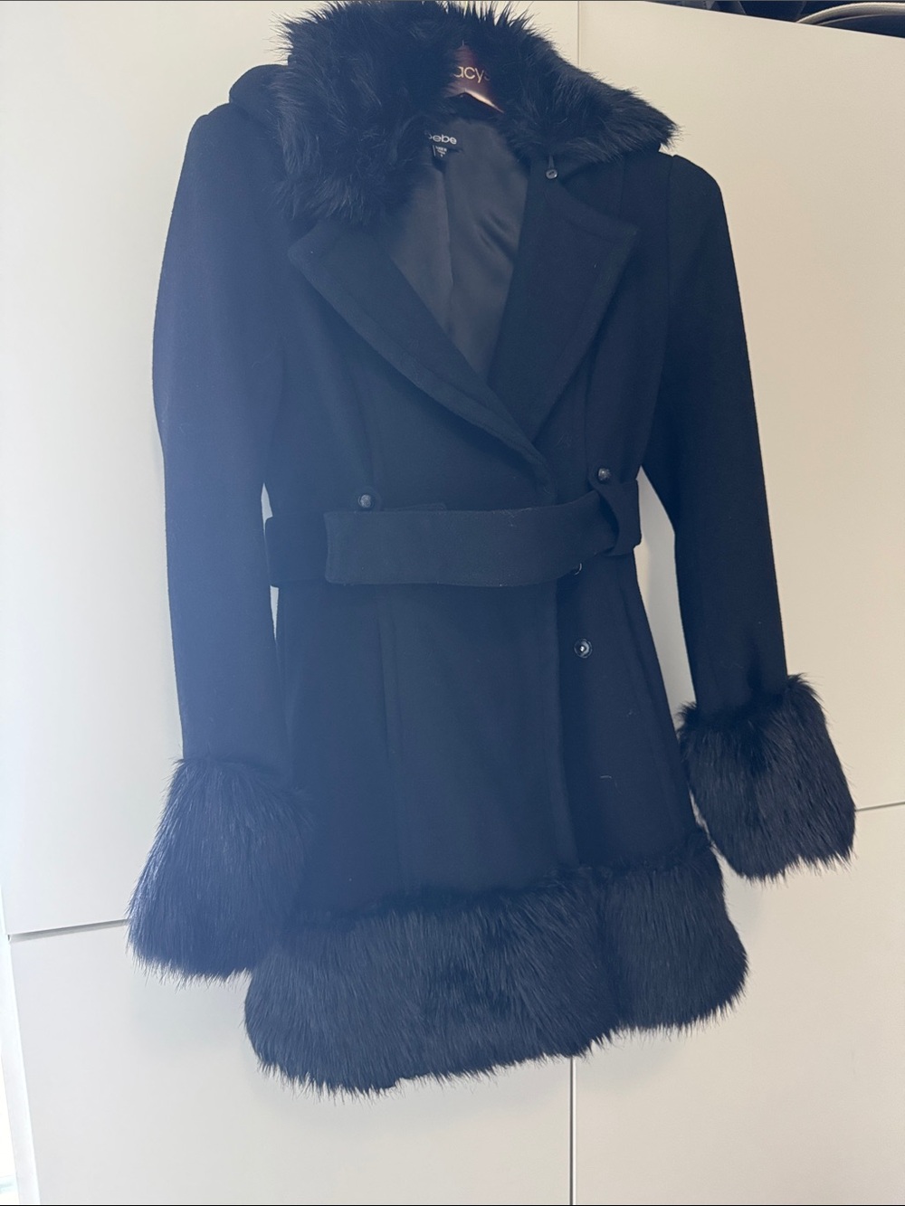 bebe Black Wool-Blend Trench Coat with Faux-Fur Trim
